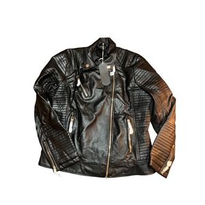 Pallivare Womens Black Faux Leather Moto Jacket Biker Style Gold Zippers Quilted